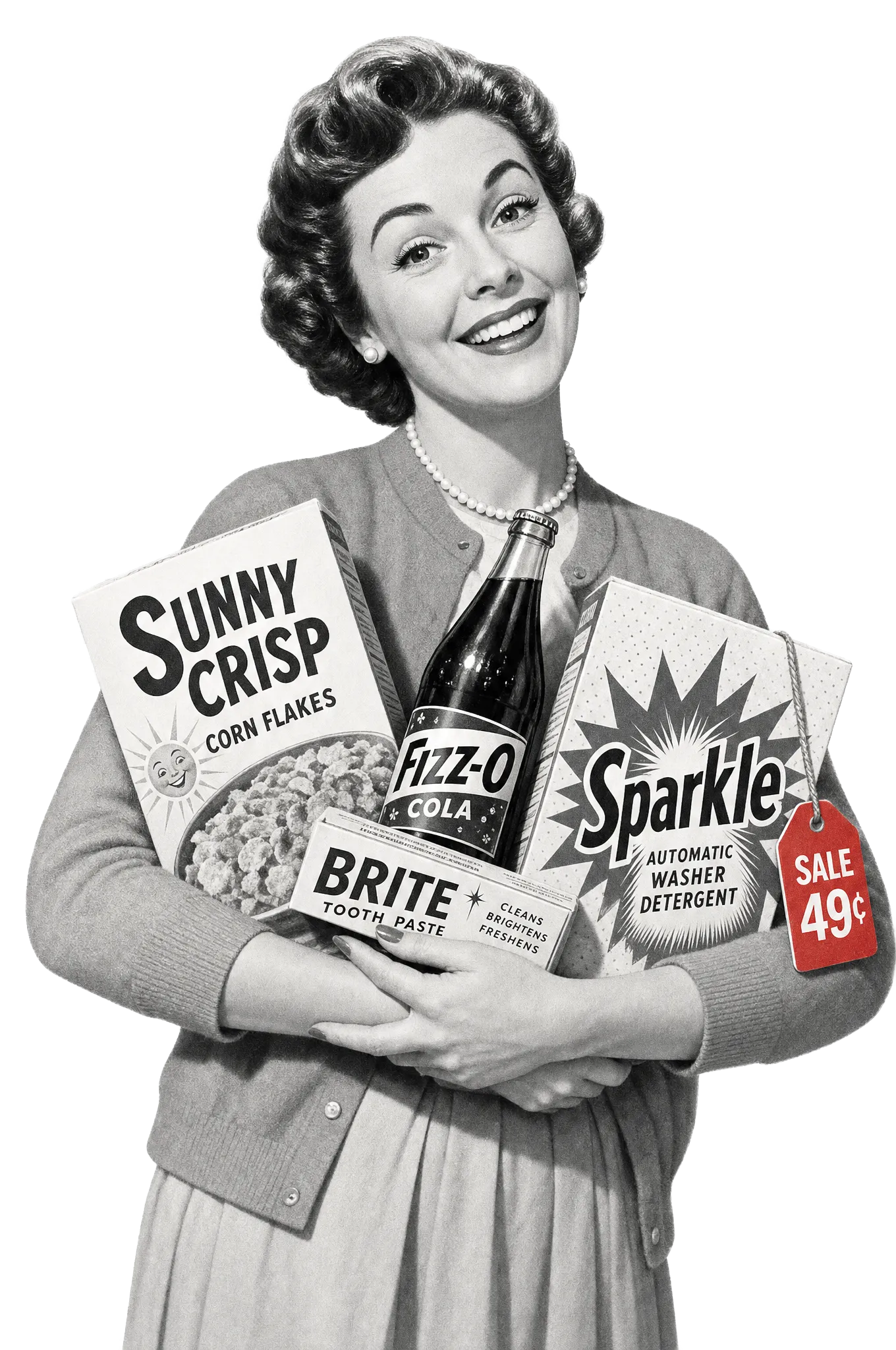 A 1950s woman cradling an armful of products — Sunny Crisp corn flakes, Fizz-O Cola, Brite toothpaste and Sparkle detergent with a red 49 cent sale tag