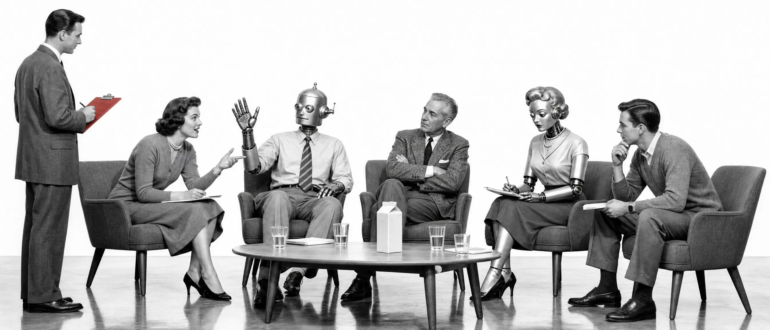 A 1950s focus group: a mix of people and tin robots seated around a low table discussing a plain carton, one robot raising a hand, while a standing moderator takes notes on a red clipboard