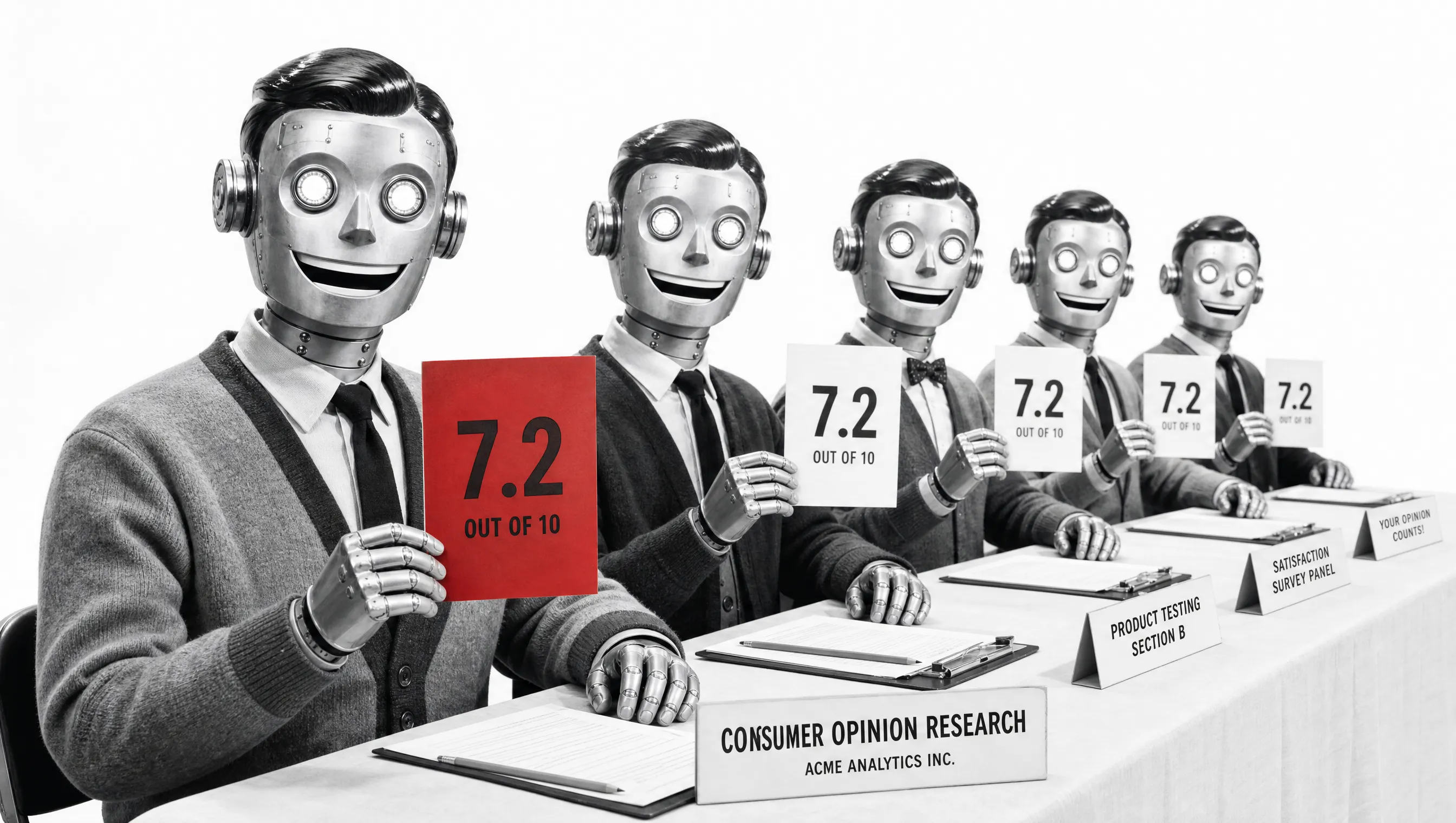 A row of 1950s metal robots at a research table all holding up the same middling score card, one red, beaming in bland unison