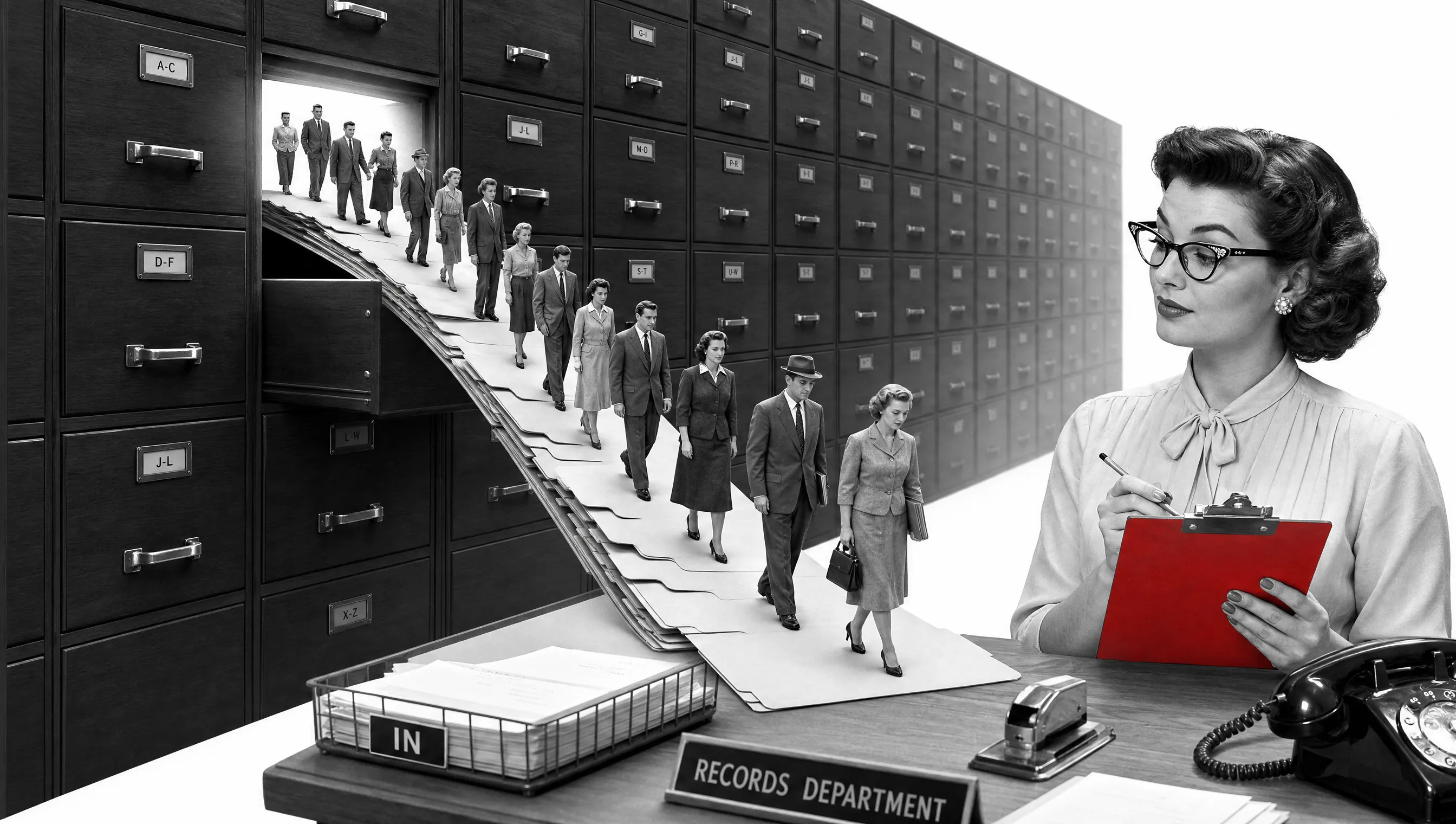 A 1950s records office: a line of people files out of an open cabinet drawer down a ramp of folders, watched by a clerk in cat-eye glasses holding a red clipboard