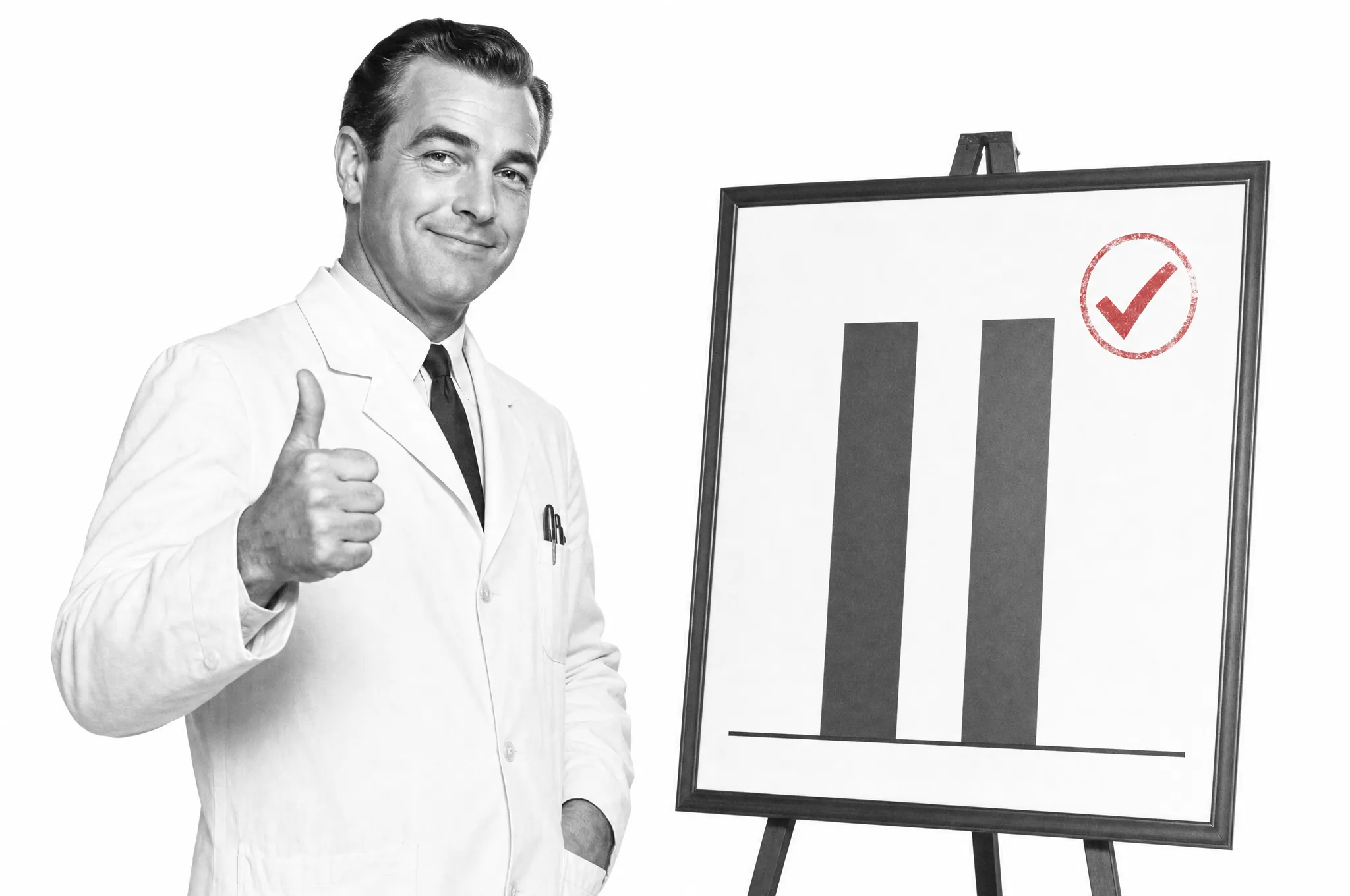 A 1950s scientist in a white lab coat gives a thumbs up beside a chart of two near-identical bars marked with a red approval tick