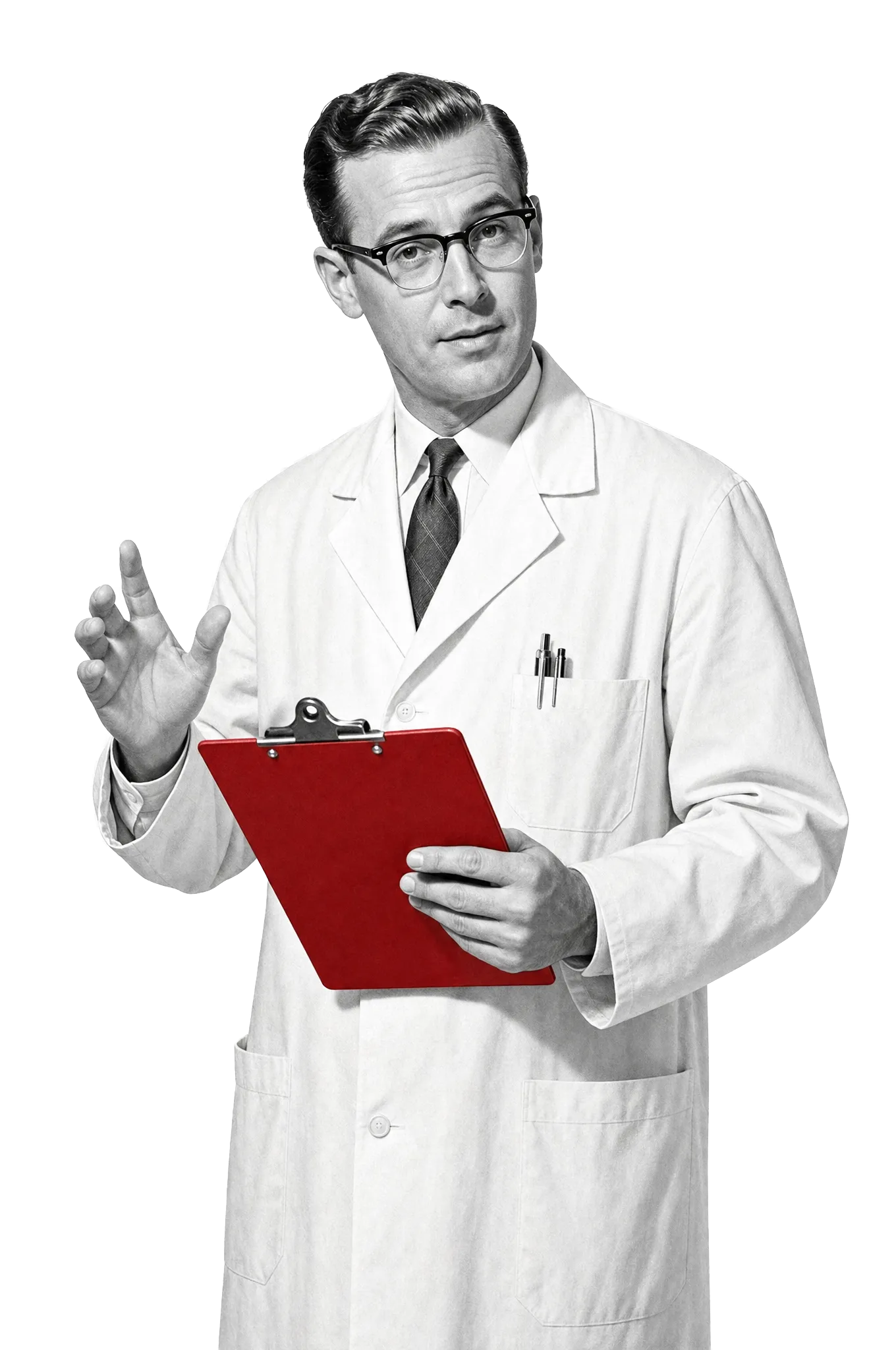A 1950s research scientist in a white lab coat holding a red clipboard, mid-explanation