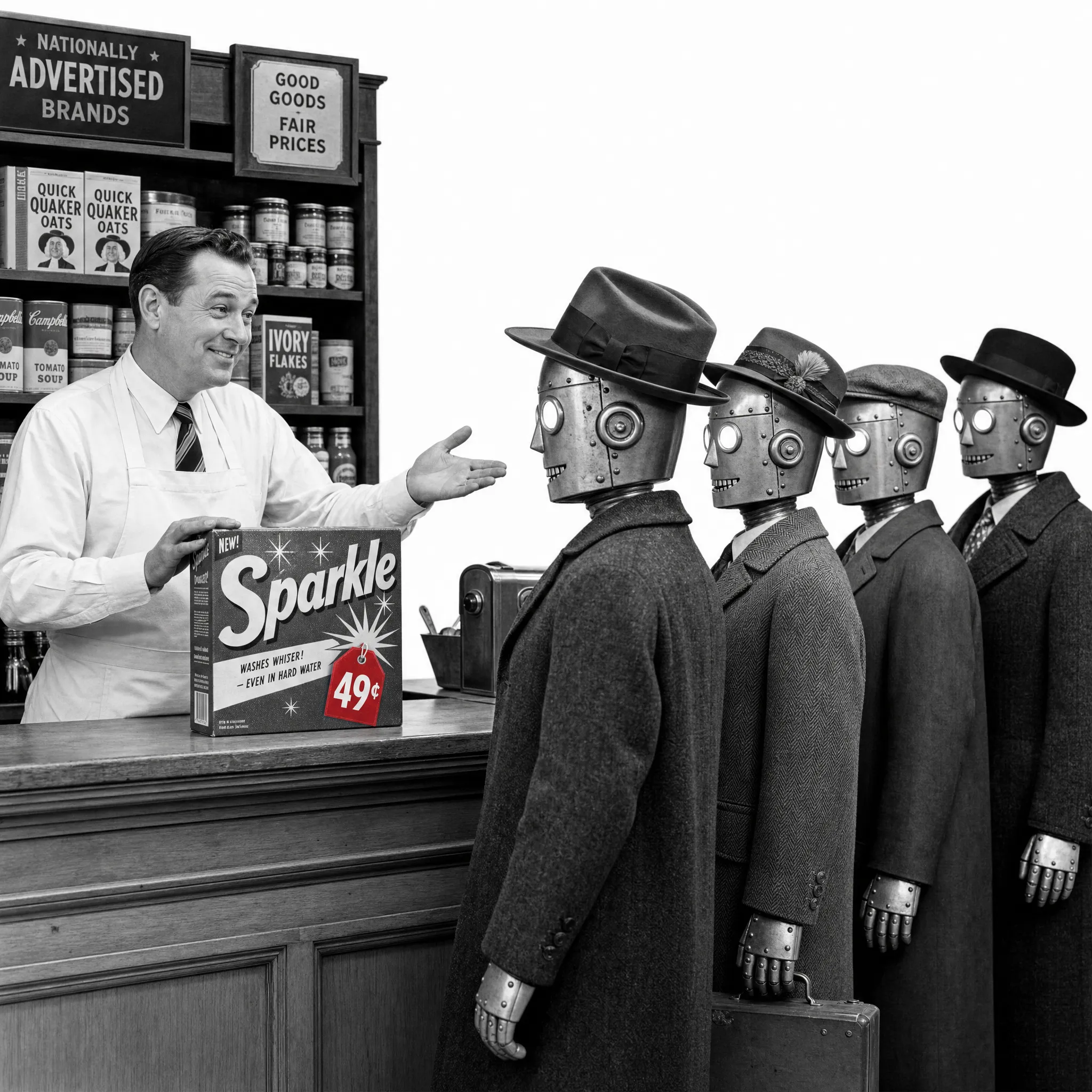 A 1950s shopkeeper behind his general-store counter presenting a Sparkle detergent box with a red 49-cent tag to a row of friendly 1950s metal robots — the simulated shoppers — in hats and coats