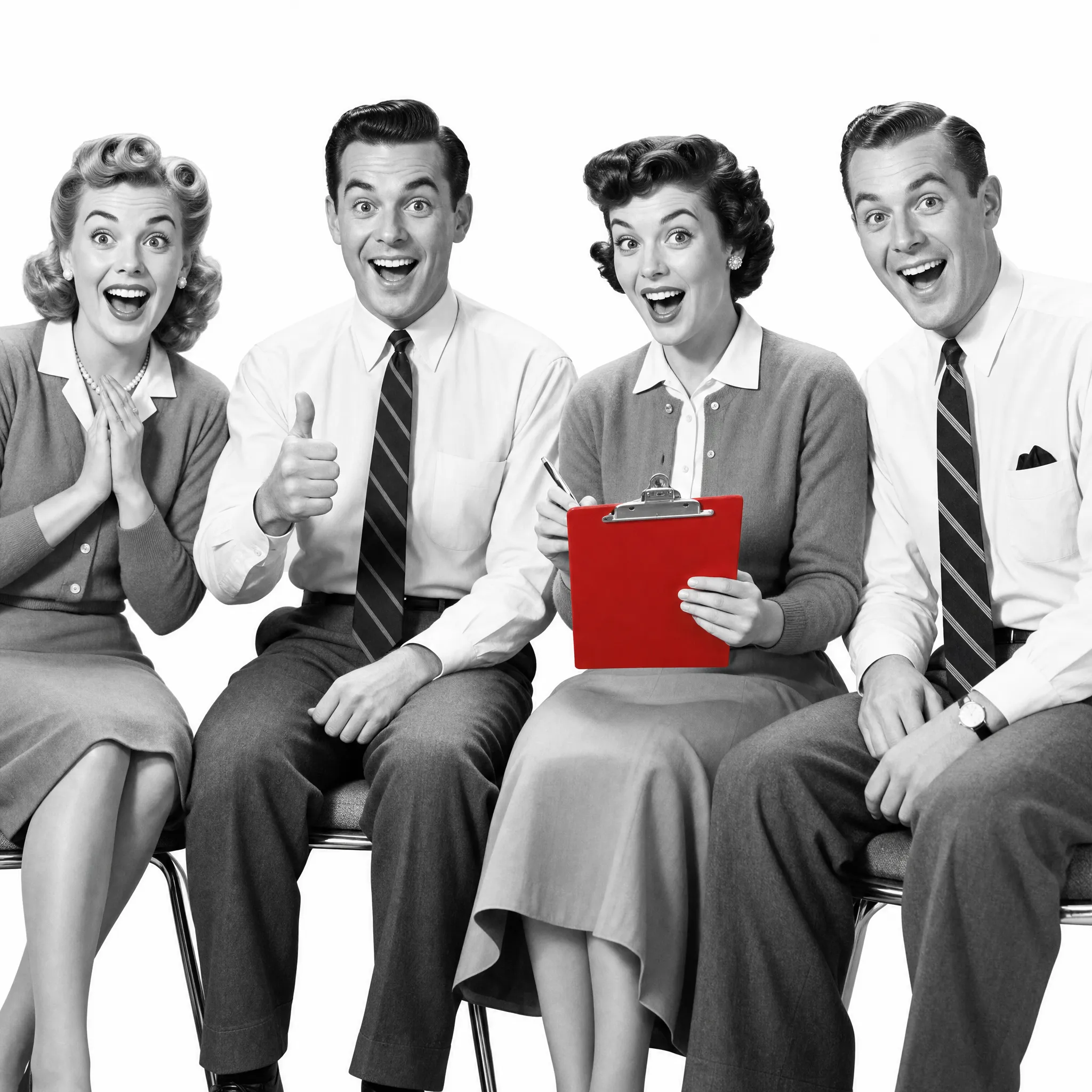 Four cheerful people in 1950s dress seated in a row, one writing on a red clipboard