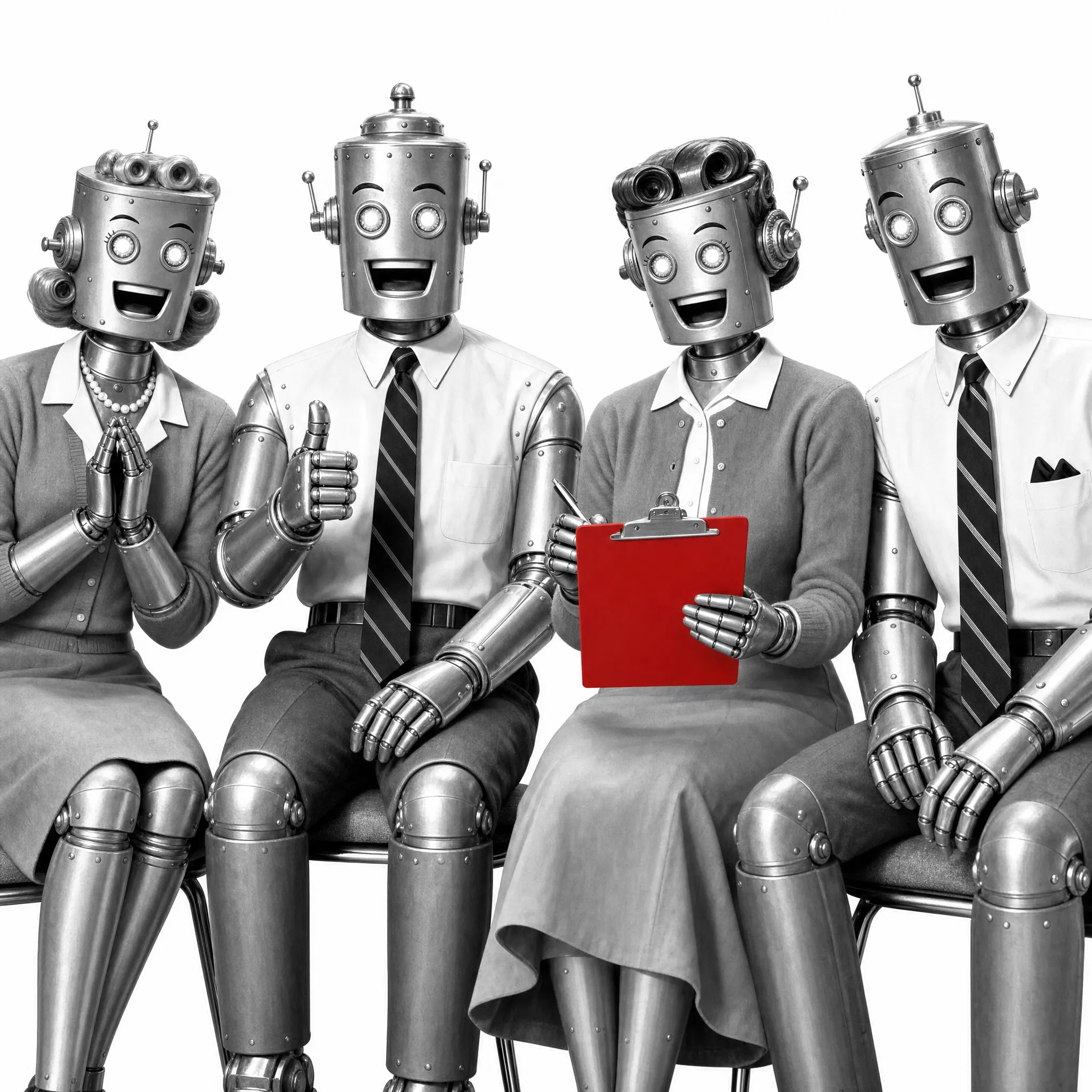 A stylized robot team taking notes in the same test setting
