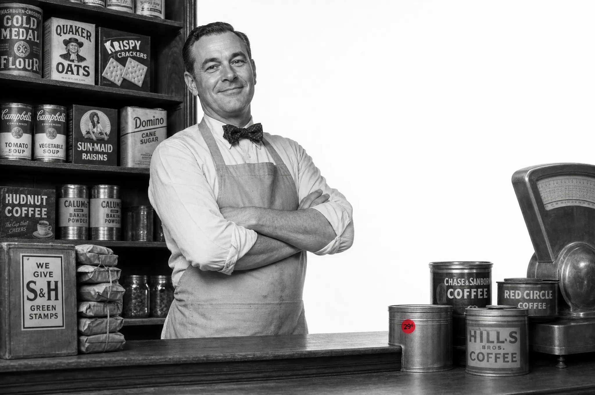 A 1950s shopkeeper stands arms-crossed behind the counter of his own general store, stocked shelves behind him and a red price sticker on a tin