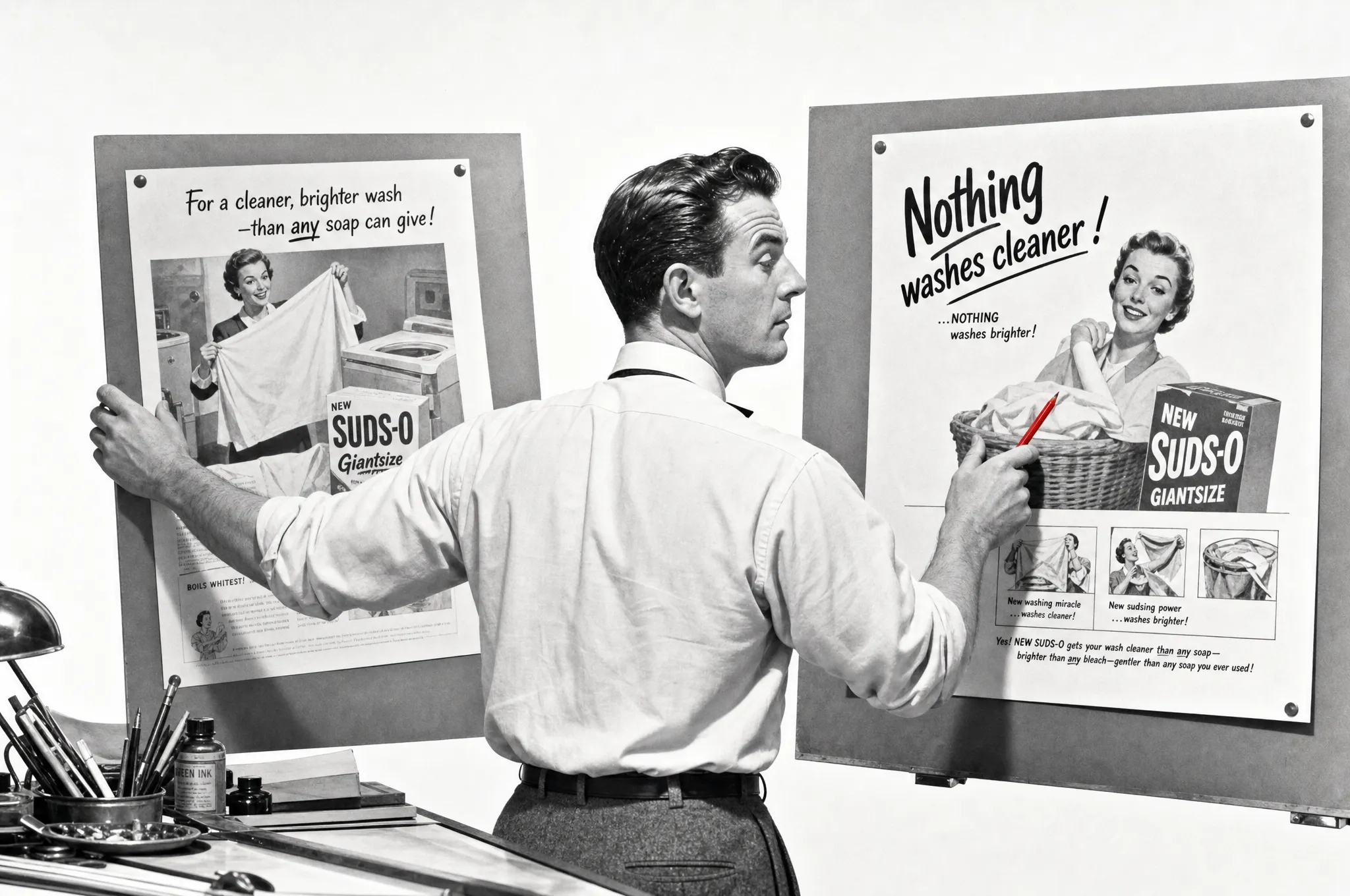 A 1950s advertising man comparing two rival campaign boards pinned to the wall, a red grease pencil in his hand