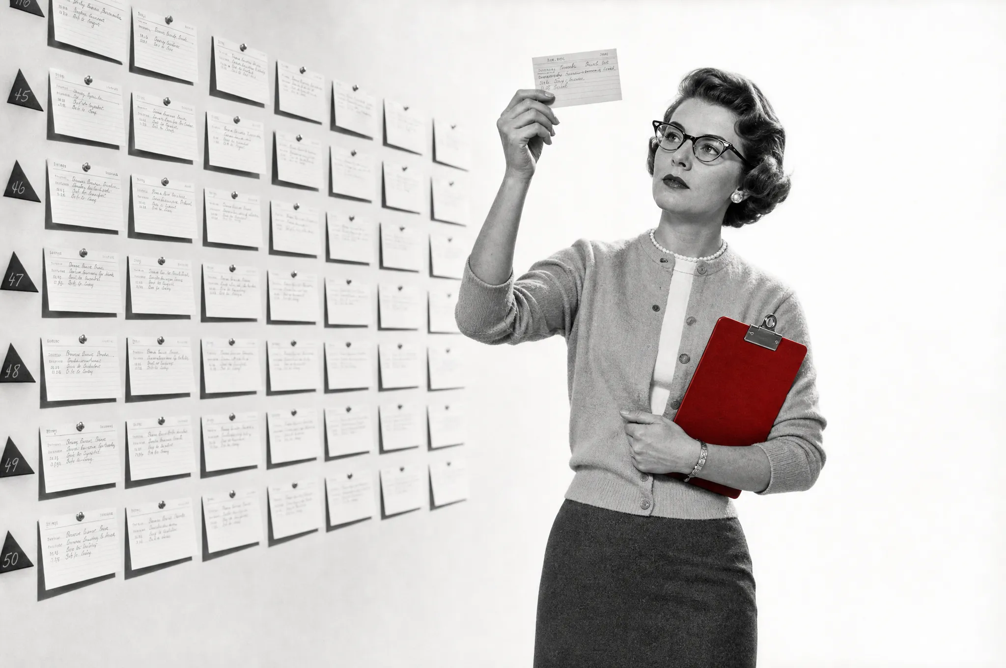A 1950s researcher in cat-eye glasses at a wall of pinned index cards, holding one up to the light, a red clipboard under her arm