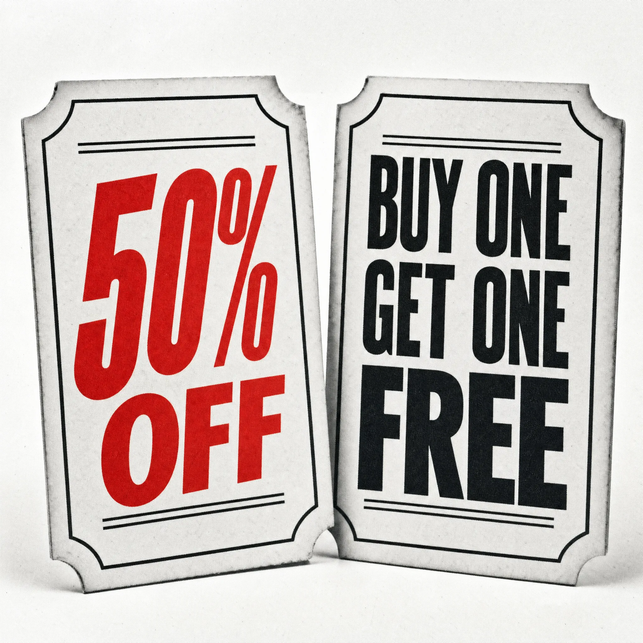 Artwork for Promotion: Two sale tickets: 50% off or buy one get one free