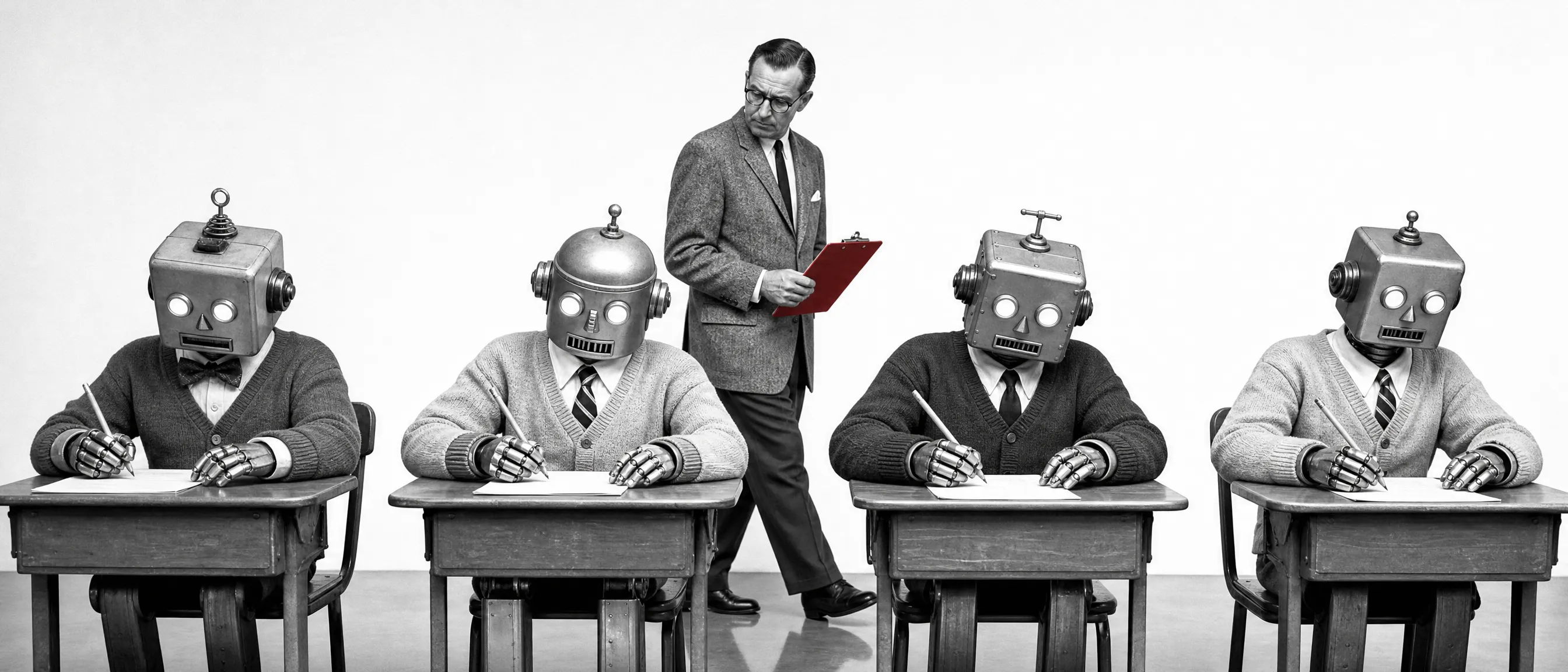Four tin toy robots in cardigans seated at school desks, writing answers in their own words, while a human invigilator holding a red clipboard walks the row