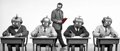 Robot shoppers at school desks while a researcher walks between them