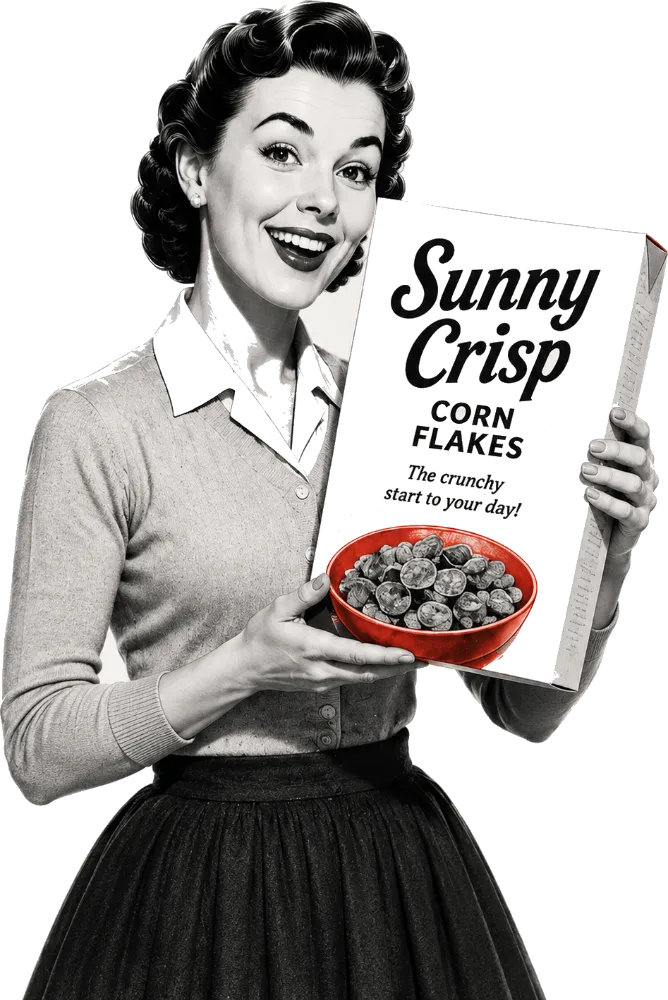 A 1950s woman proudly presenting a Sunny Crisp corn flakes box and a bowl of cereal
