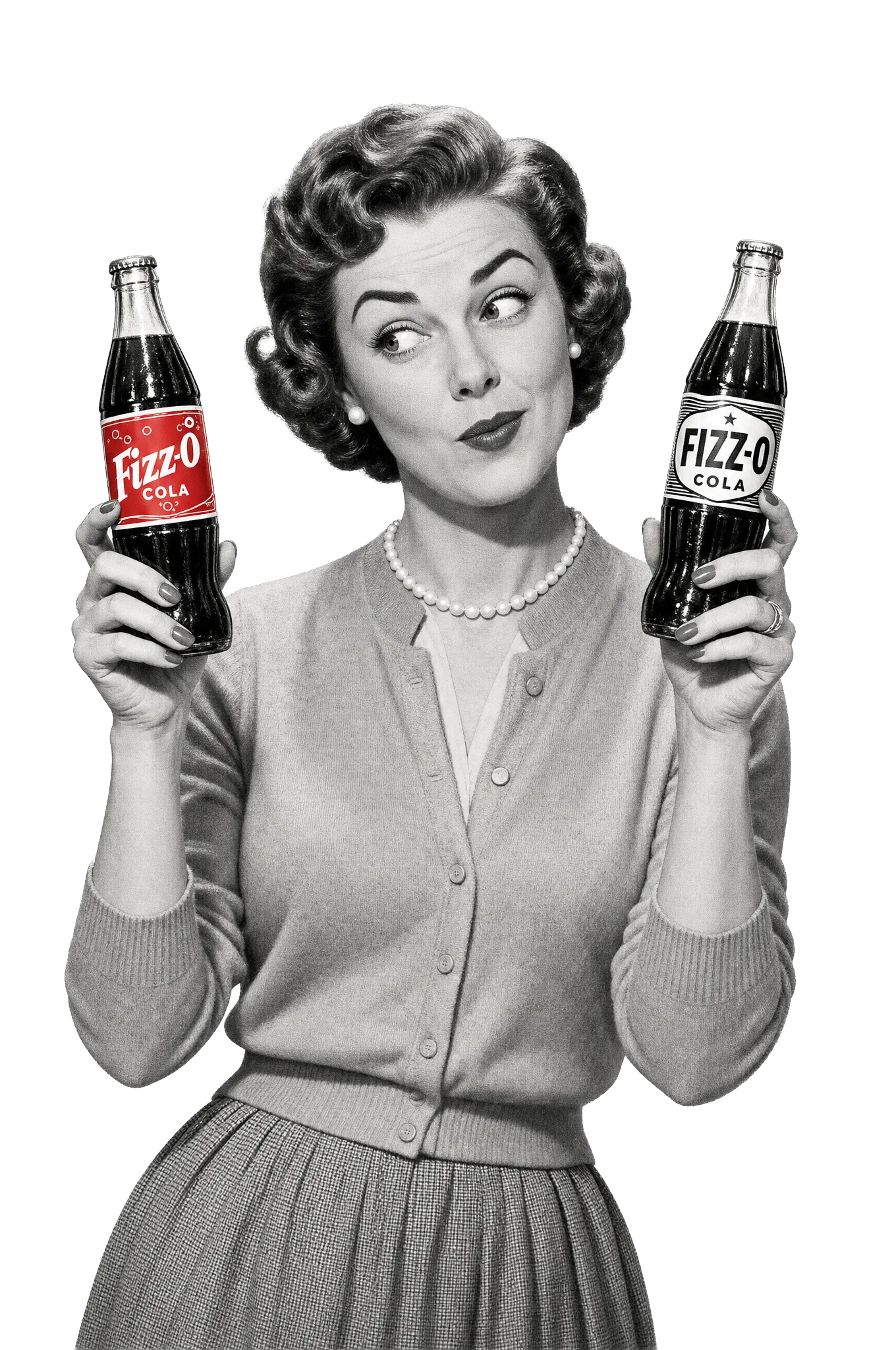 A 1950s woman holding up two Fizz-O Cola bottles, one with a red label and one plain, deciding which to pick