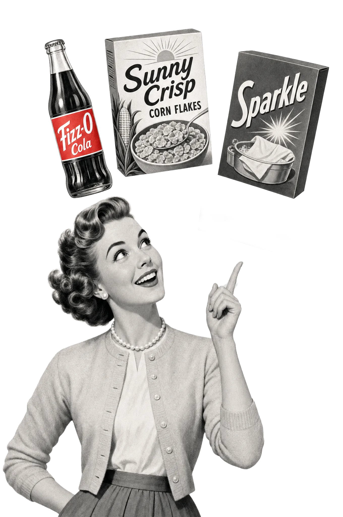 A 1950s woman looking up and pointing at floating grocery products — a Fizz-O Cola bottle, a Sunny Crisp corn flakes box and a Sparkle detergent box
